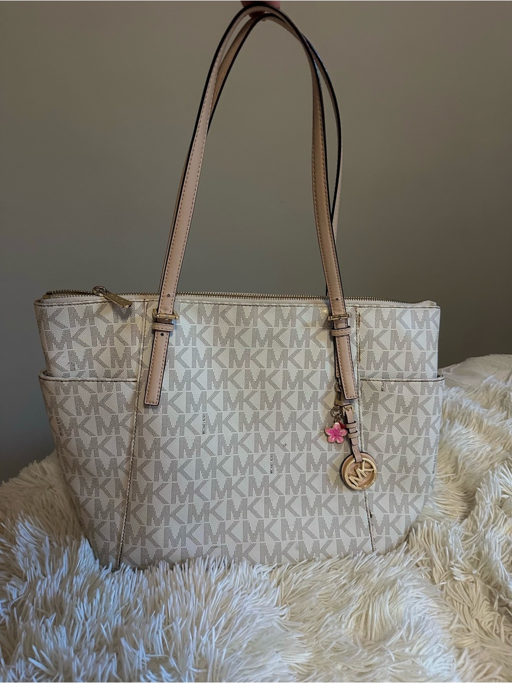 Michael Kors Cream Logo Tote with Gold Charm